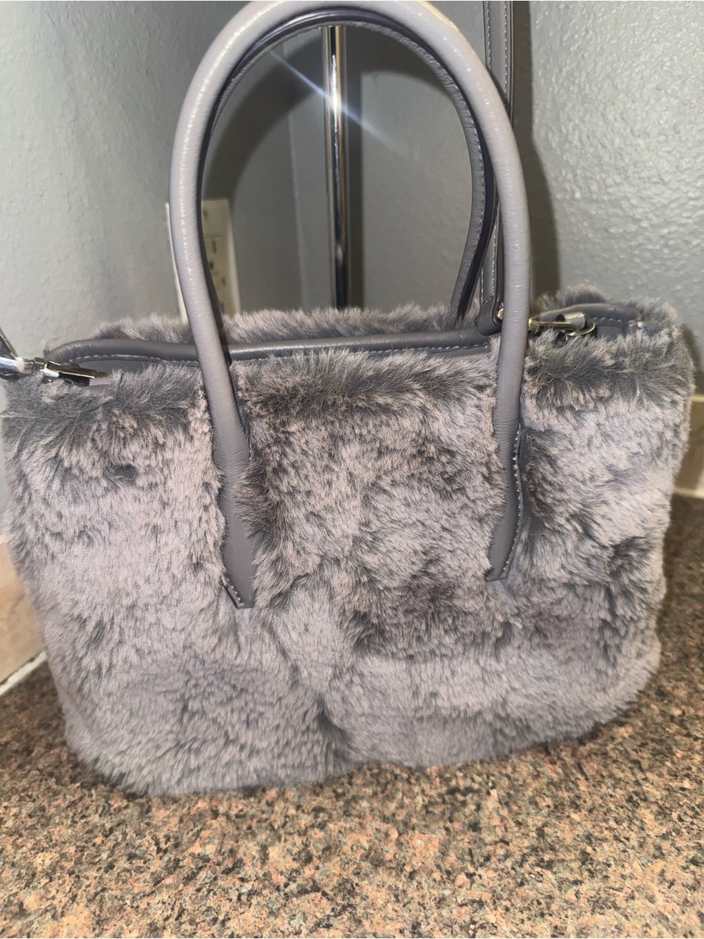 kate spade super rare Gray Faux Fur Satchel with crossbody strap (hard to find) - Picture 2 of 8